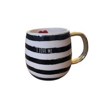 Earthenware Black & White Stripe "I Love Me" Mug with Heart Inside, Gold Handle